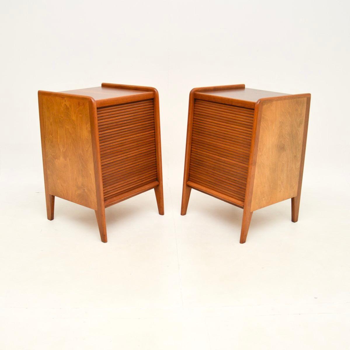 Mid-20th Century Pair of Vintage Walnut Tambour Front Bedside Cabinets