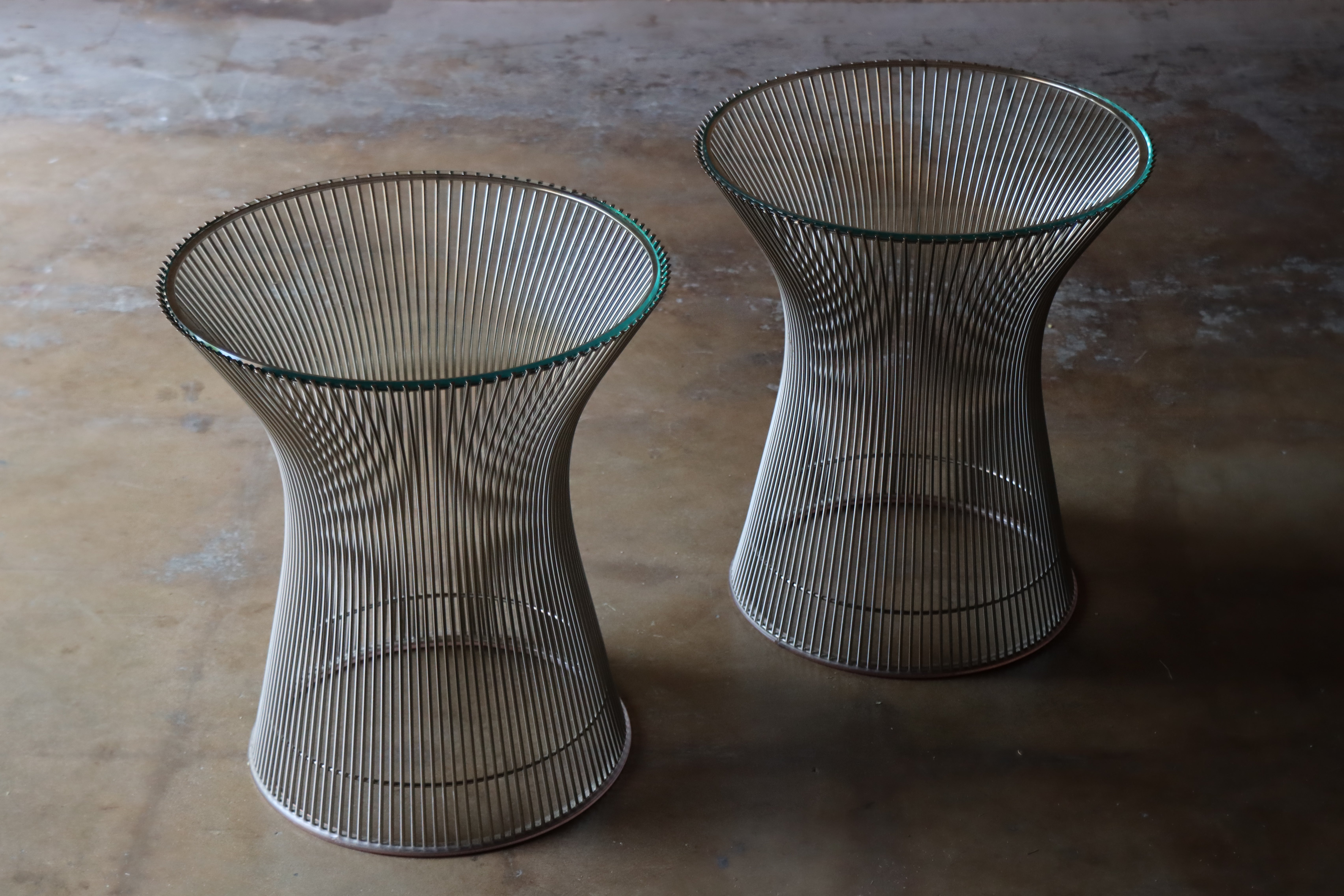  Vintage Pair of Warren Platner Side Tables with inset glass tops. Originally produced by Knoll in the 1960s and designed by the visionary architect and designer Warren Platner. These side tables feature his signature wire rod construction, blending