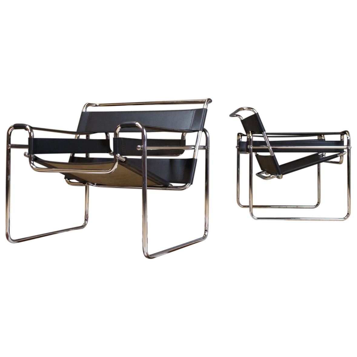Pair of Vintage Wassily B3 Black Leather and Chrome Chairs Marcel Breuer