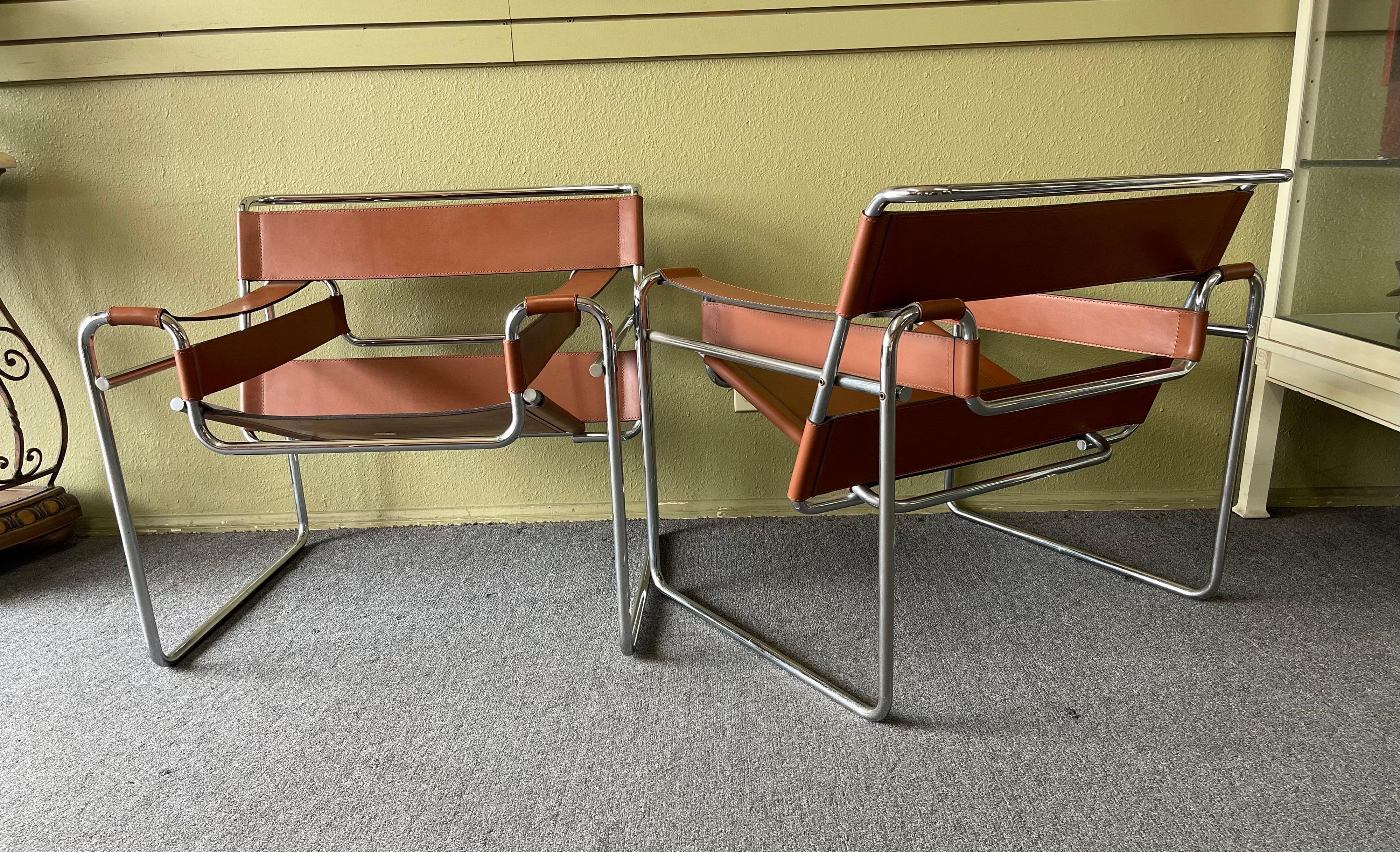 Pair of vintage Wassily chairs in brown leather and chrome by Marcel Breuer for Stendig and manufactured by Gavina, circa 1960s. The pair are in very good condition and measure 31