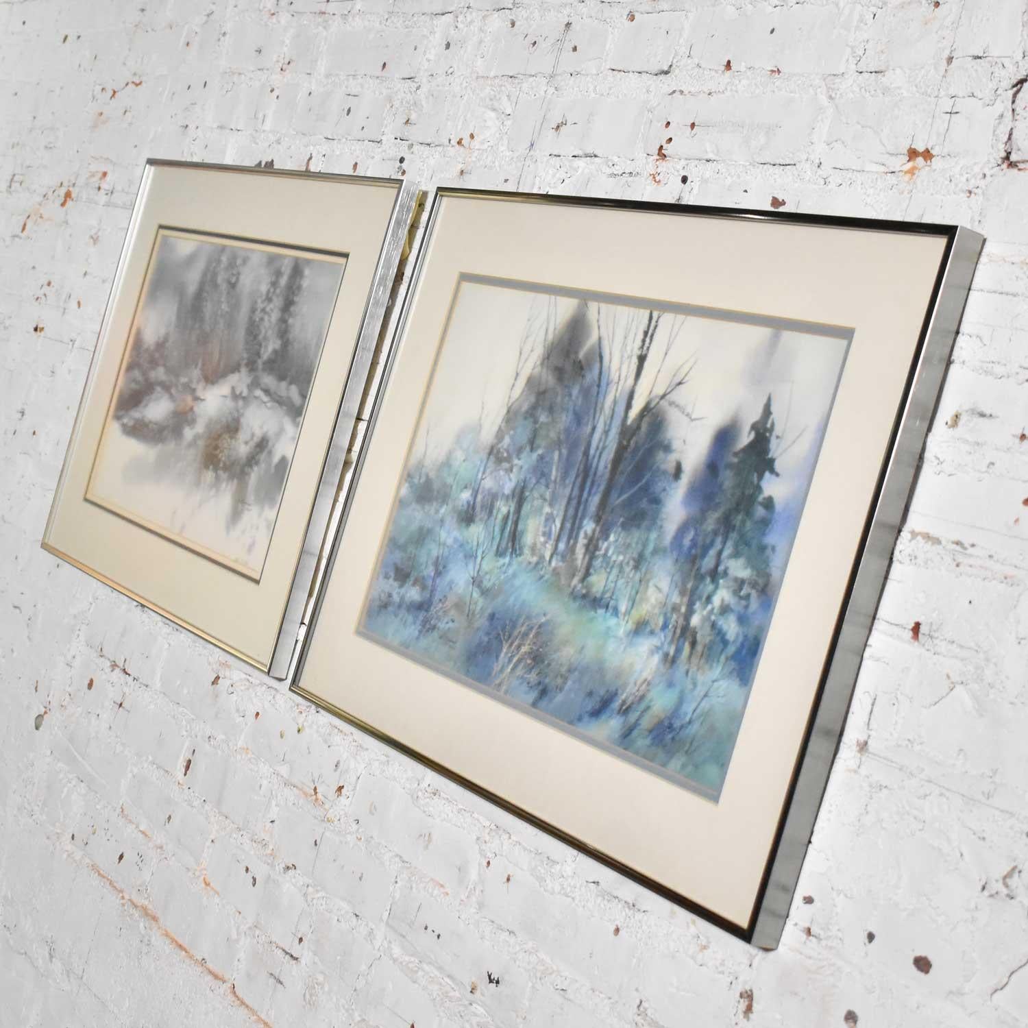 Moderne Paire de peintures de paysages d'hiver vintage à l'aquarelle de Dorothy M. Reece Kordas en vente