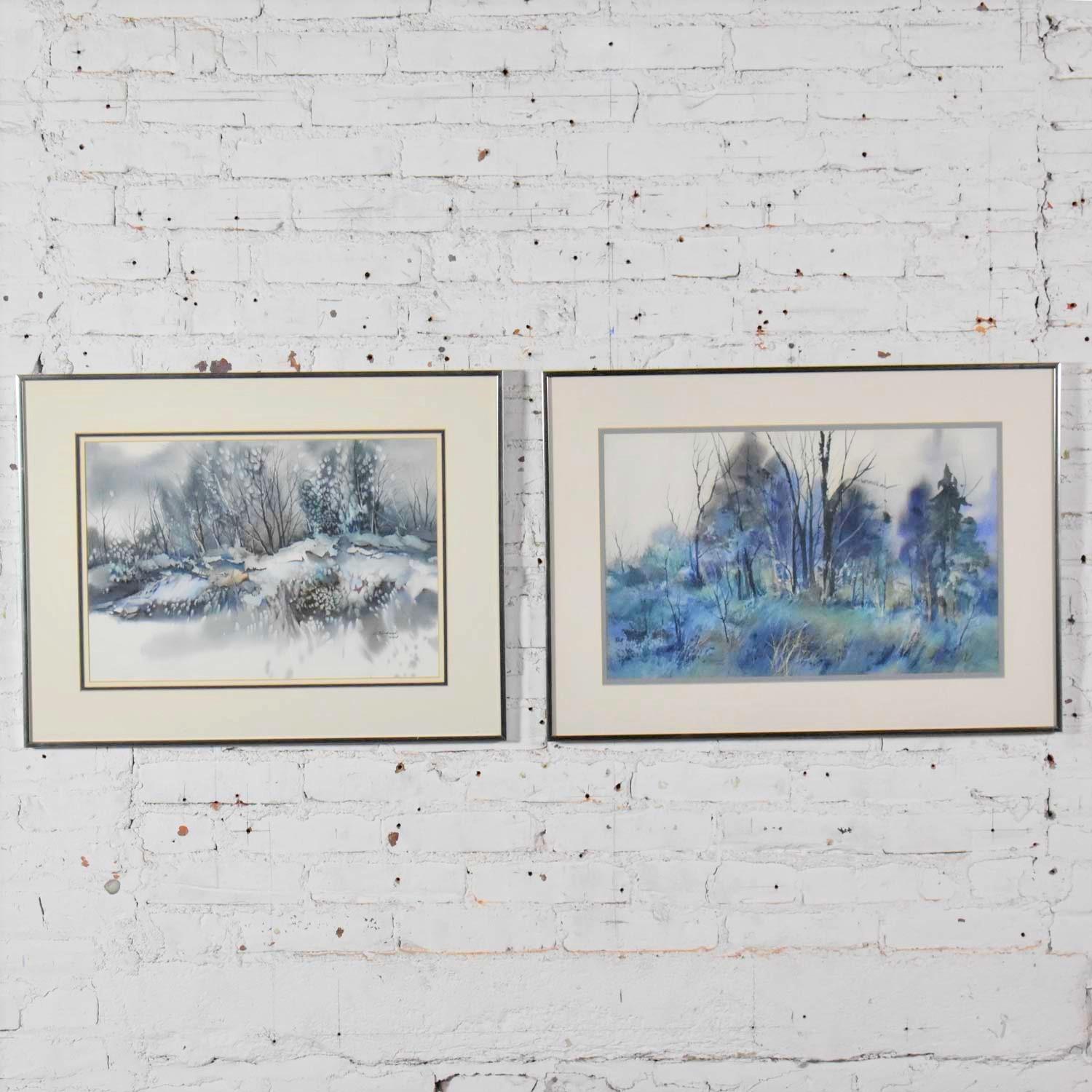 Américain Paire de peintures de paysages d'hiver vintage à l'aquarelle de Dorothy M. Reece Kordas en vente