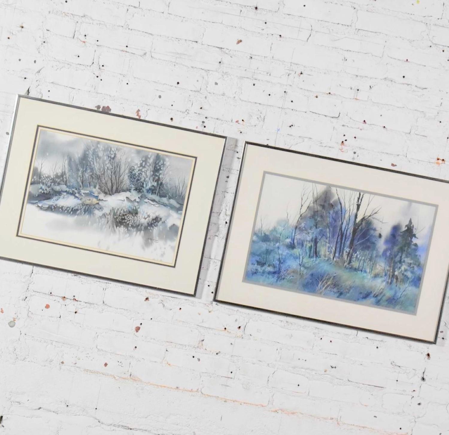 20ième siècle Paire de peintures de paysages d'hiver vintage à l'aquarelle de Dorothy M. Reece Kordas en vente