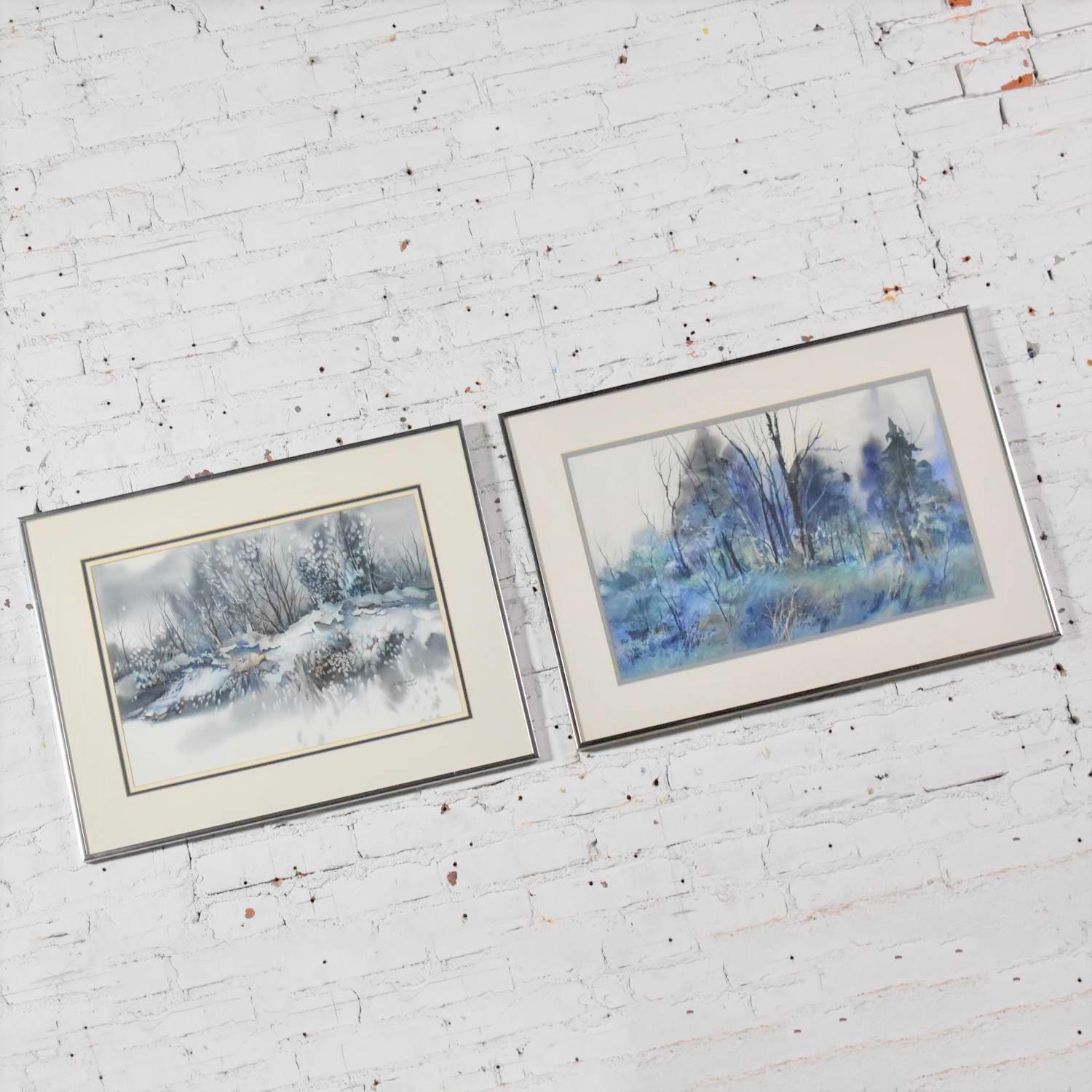 Papier Paire de peintures de paysages d'hiver vintage à l'aquarelle de Dorothy M. Reece Kordas en vente