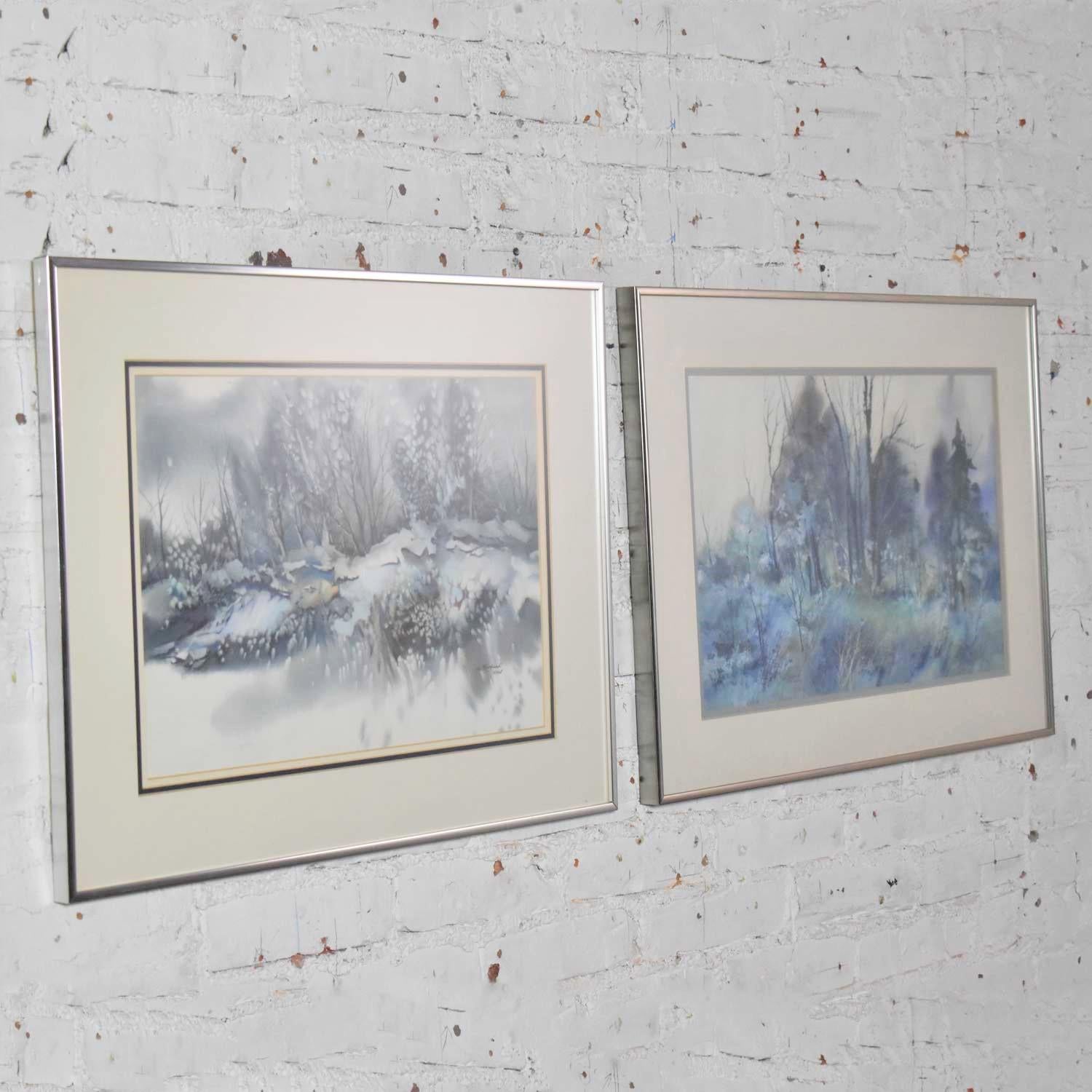 Paire de peintures de paysages d'hiver vintage à l'aquarelle de Dorothy M. Reece Kordas en vente 1