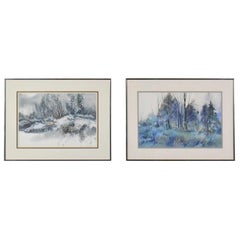 Pair of Vintage Watercolor Winter Landscape Paintings by Dorothy M. Reece Kordas