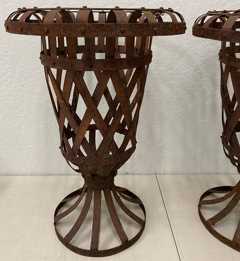 Pair of Vintage Weathered Metal Garden Urns, circa 1940 For Sale at 1stDibs