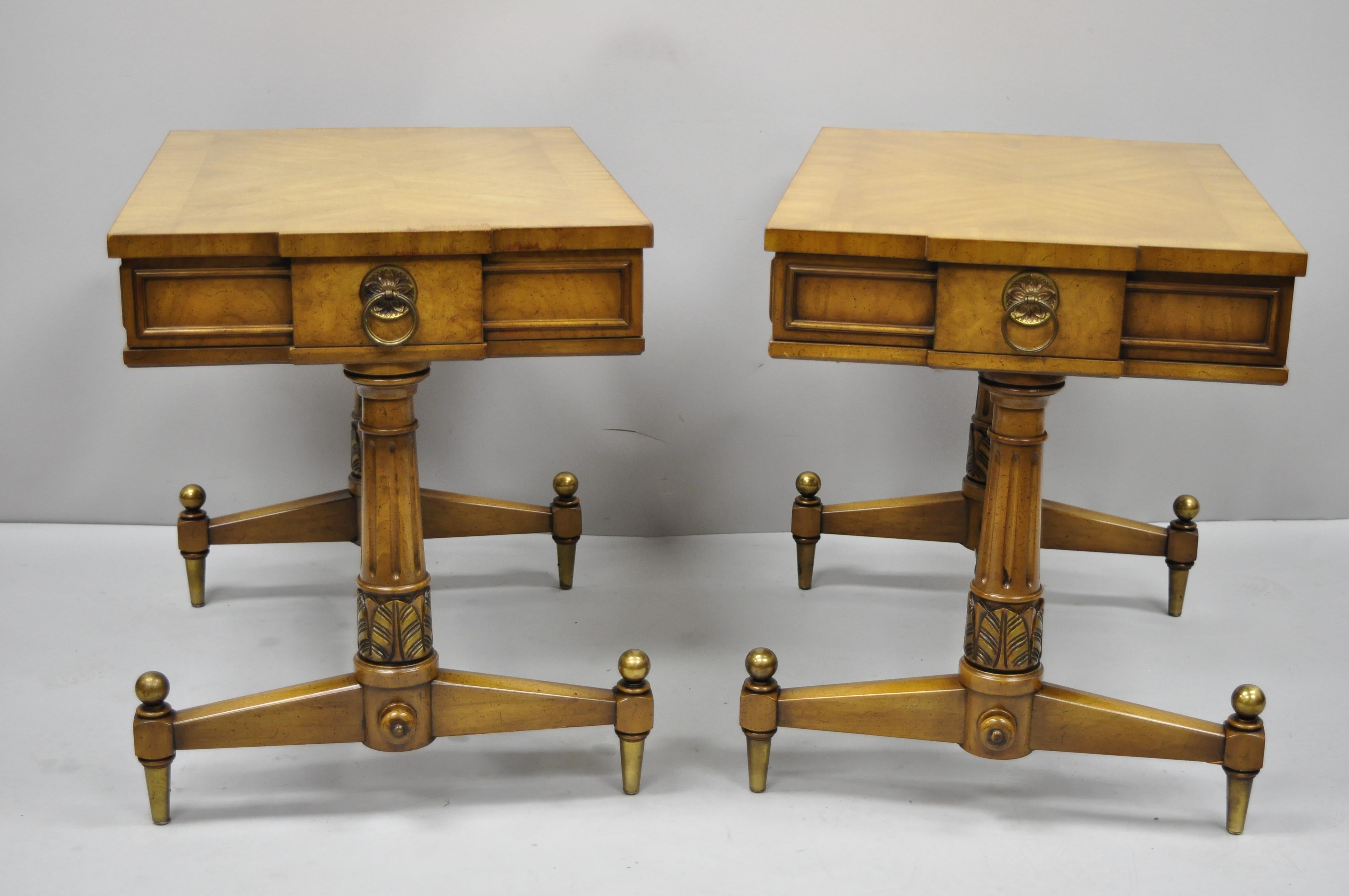 Pair of vintage Weiman Kameo French Regency style bonded walnut end tables. Items feature custom glass tops, beautiful wood grain, nicely carved details, brass accents, original label, 1 drawer, quality American craftsmanship, great style and form,
