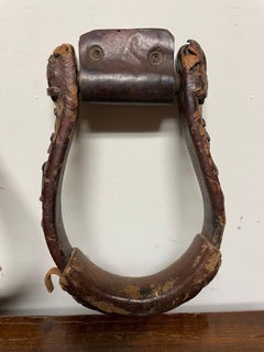 Pair of Vintage Western Stitched Leather and Iron Stirrups, Western Decor