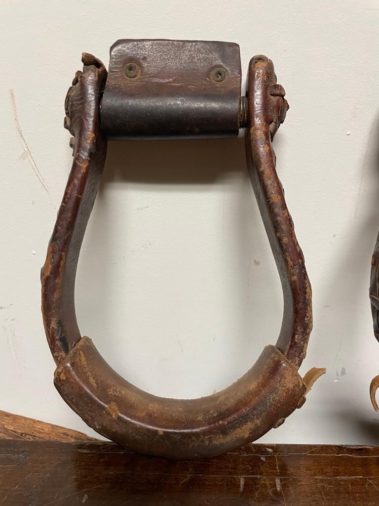 Pair of Vintage Western Stitched Leather and Iron Stirrups, Western
