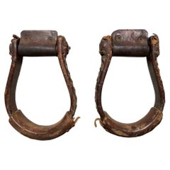 Pair of Antique Western Stitched Leather and Iron Stirrups, Western Decor