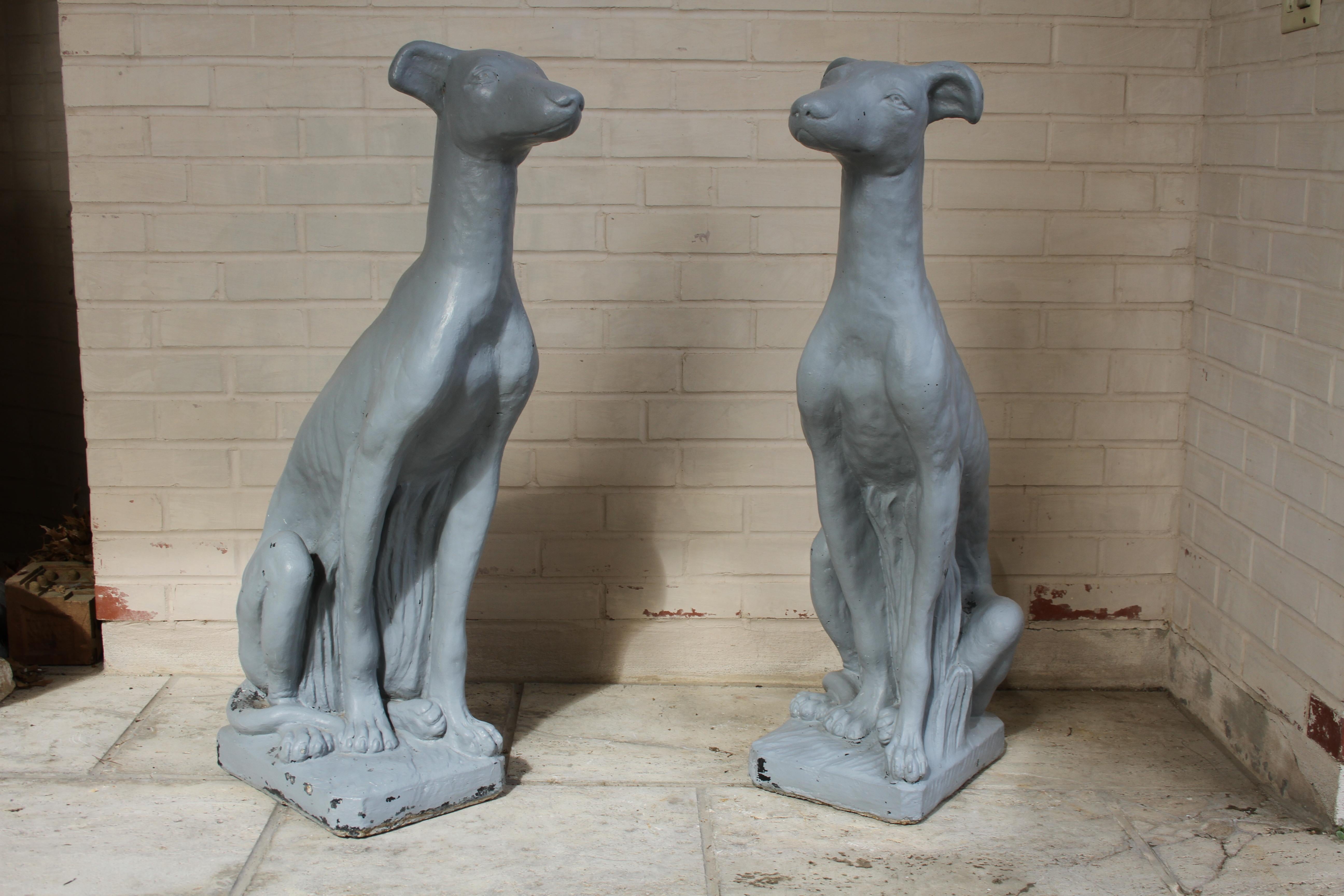 Art Deco Pair of Vintage Whippets Painted Cast Stone Dog Sculptures