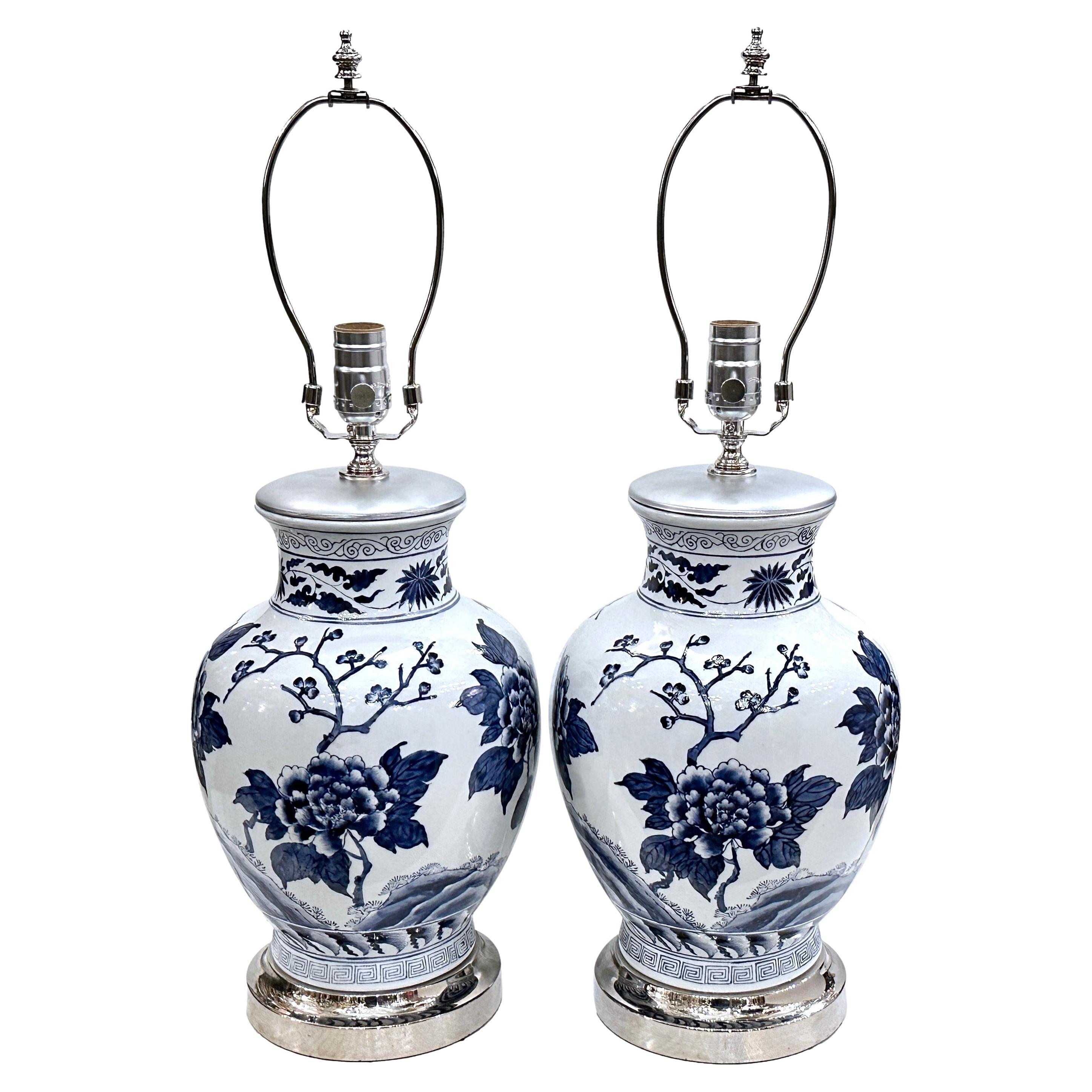 Pair of Vintage White and Blue Floral Lamps For Sale