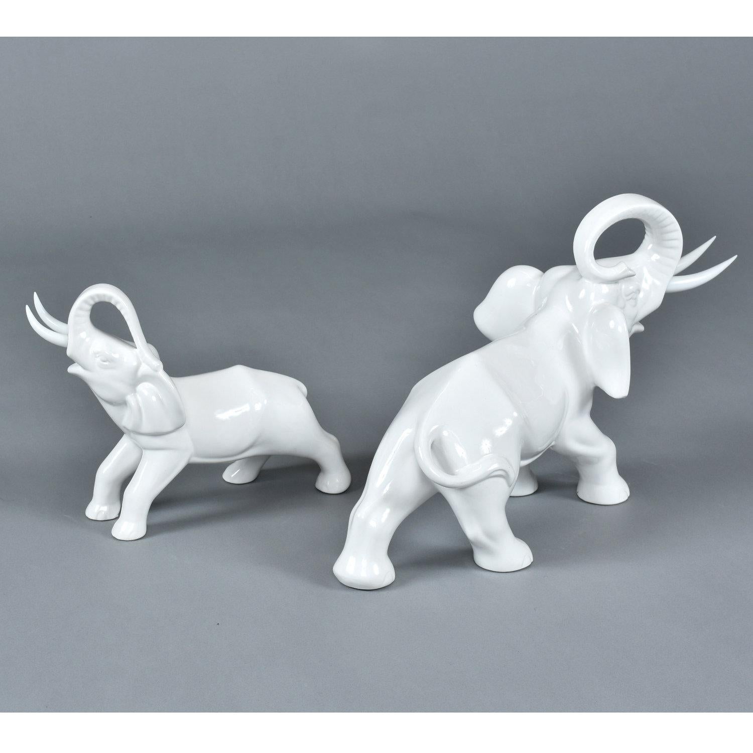 Pair of Vintage White Ceramic Elephant Figurines by Pereiras of Portugal