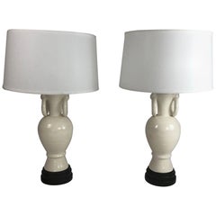 Pair of Retro White Ceramic Urn Lamps