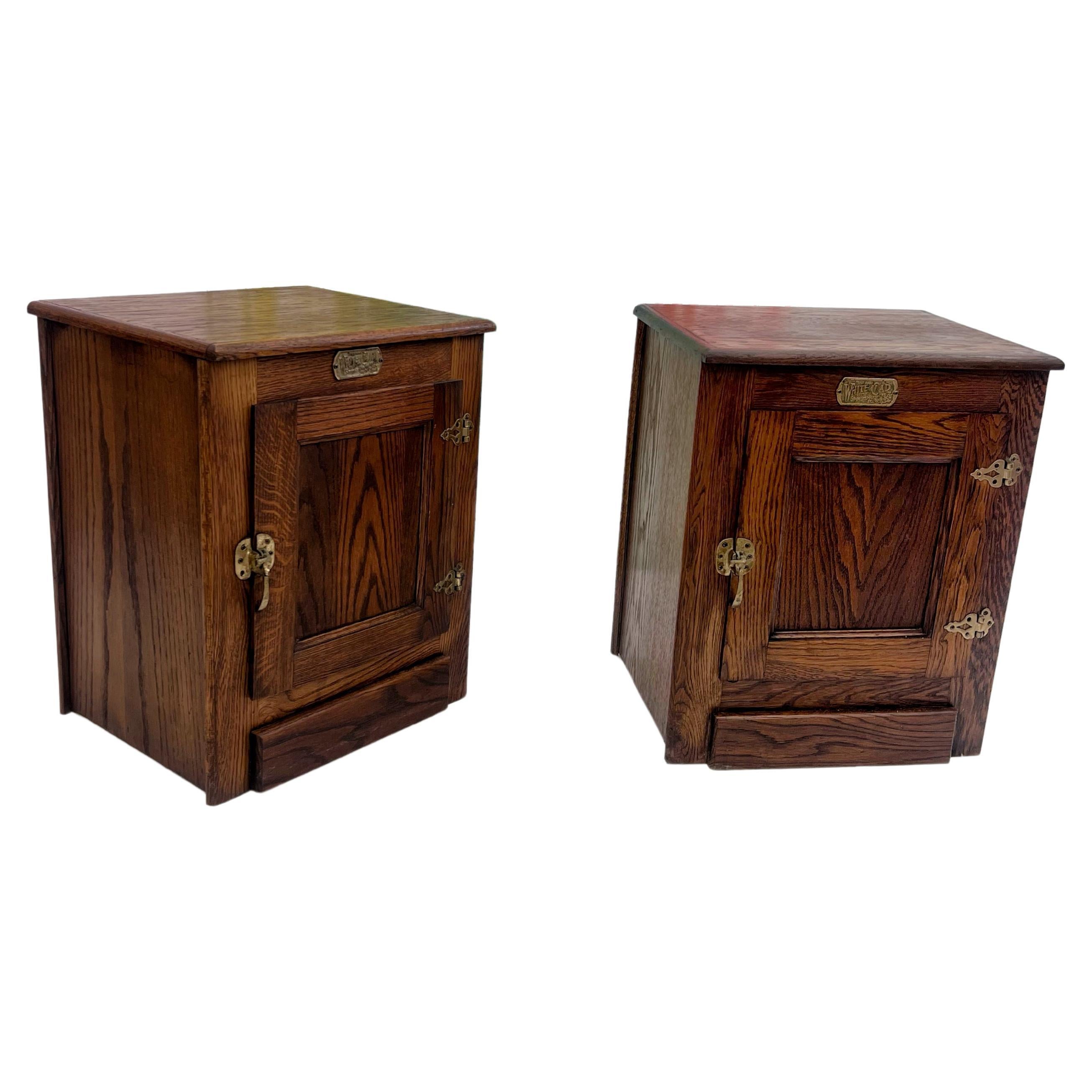 Pair of Vintage White Clad Oak Ice Box Storage Side Table/  nightstands with Bra For Sale