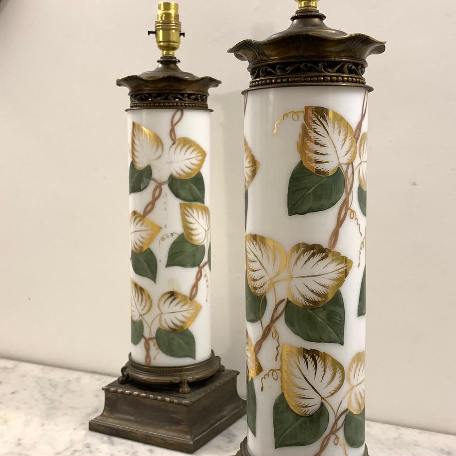 Art Nouveau Pair of Vintage White Glass and Hand Painted Table Lamps with Gilding, Re Wired