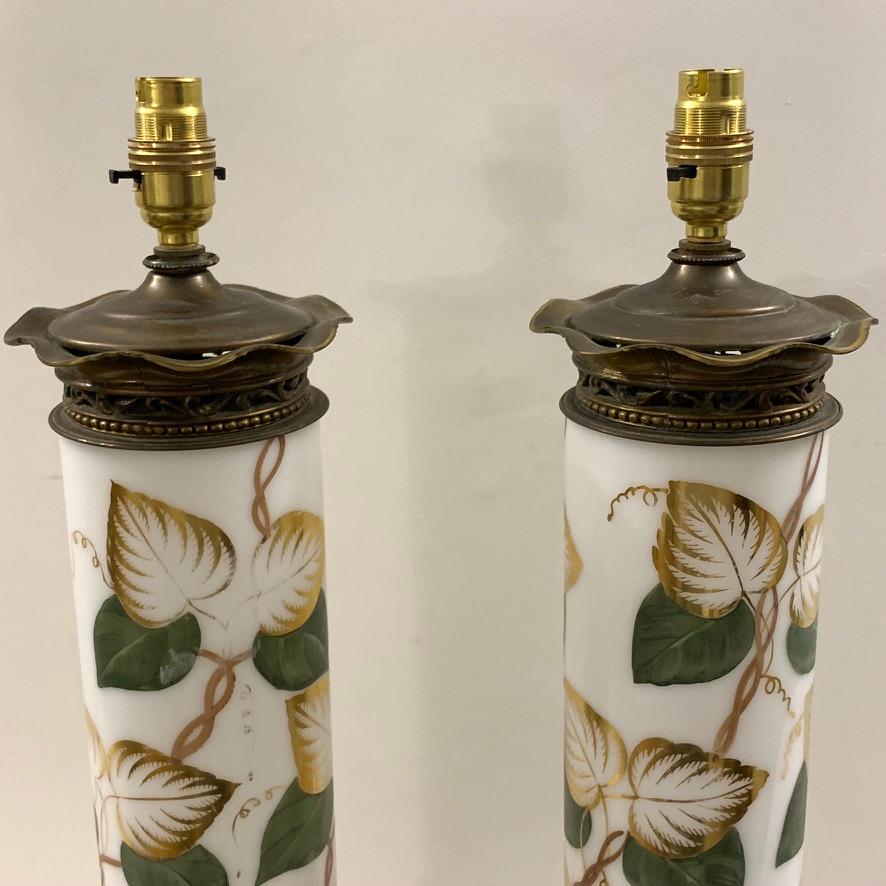 Central American Pair of Vintage White Glass and Hand Painted Table Lamps with Gilding, Re Wired