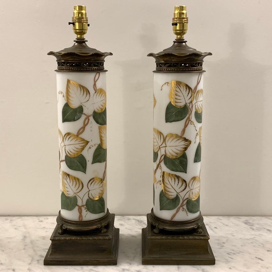 20th Century Pair of Vintage White Glass and Hand Painted Table Lamps with Gilding, Re Wired