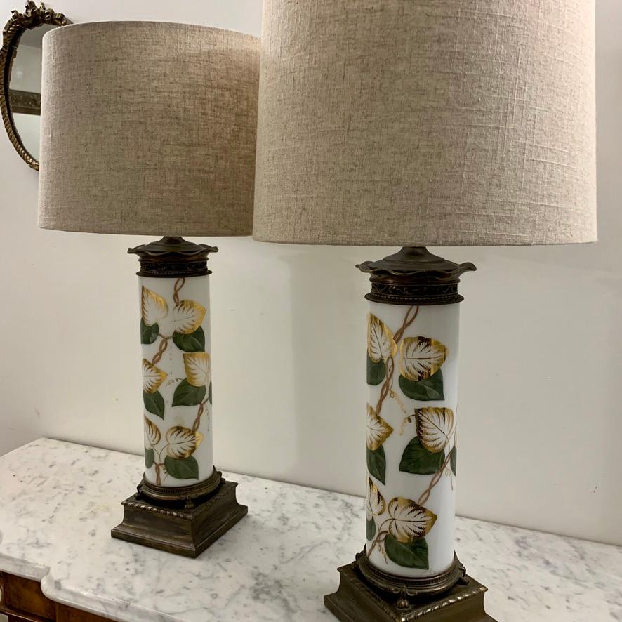 Pair of Vintage White Glass and Hand Painted Table Lamps with Gilding, Re Wired 1