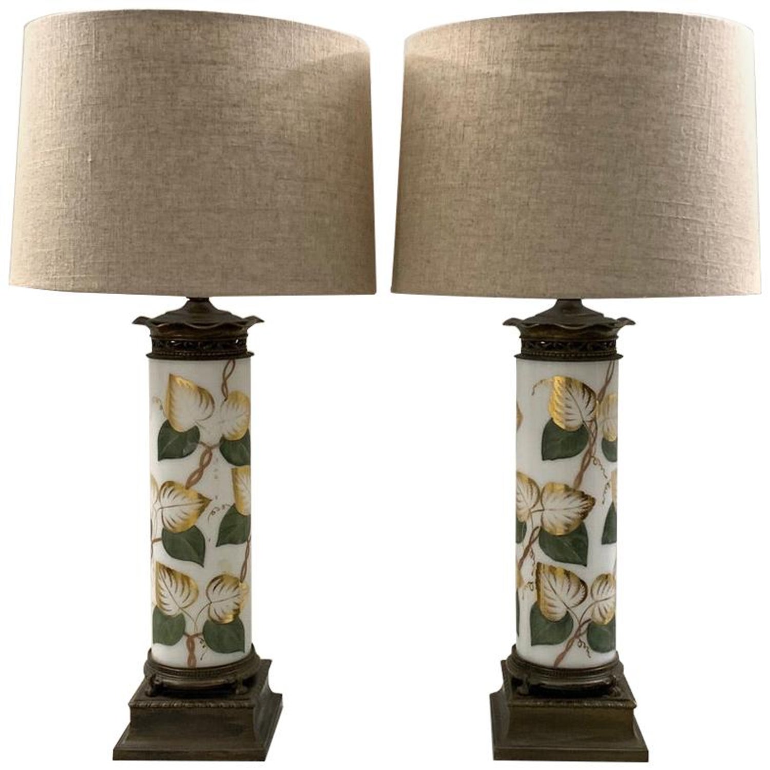 Pair Of Vintage White Glass And Hand Painted Table Lamps With