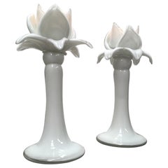 Pair of Vintage White Glass Artichoke Candleholders Candlesticks, 1980s