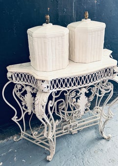 Pair of Vintage White Glazed Ceramic Faux Bamboo Table Lamps