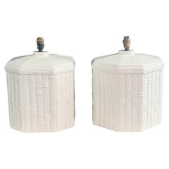 Pair of Vintage White Glazed Ceramic Faux Bamboo Table Lamps