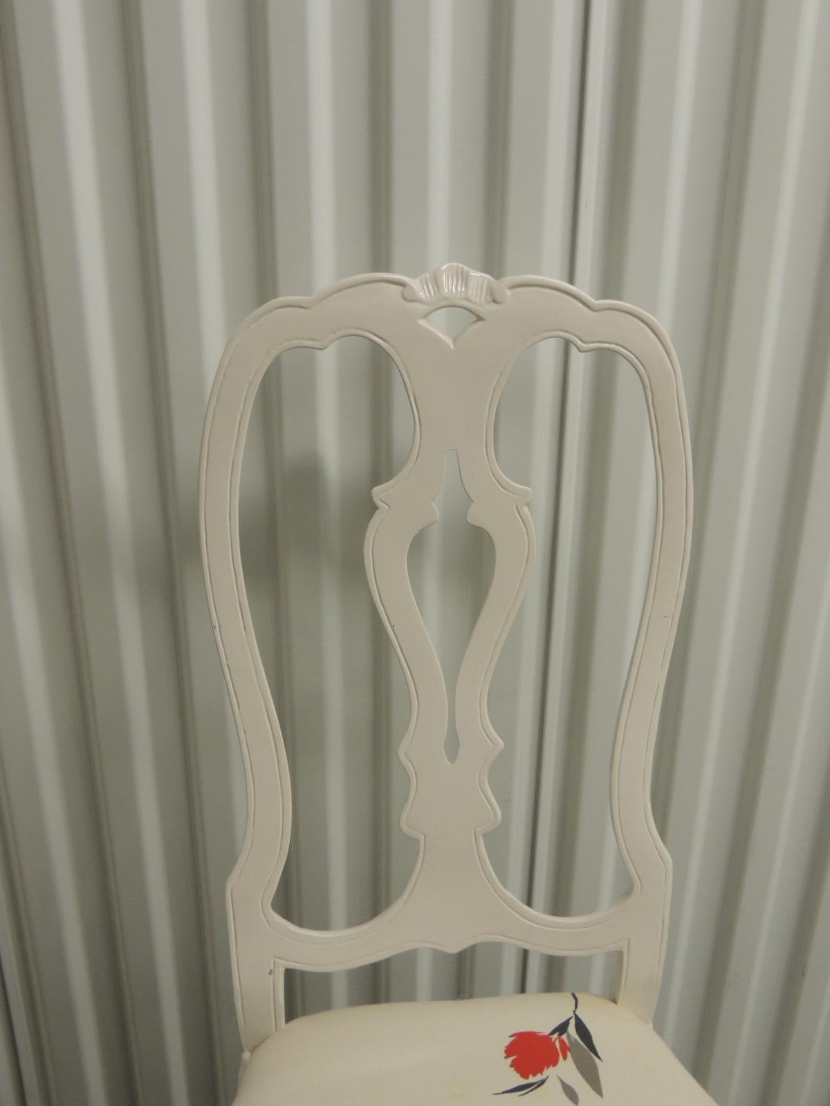 Pair of vintage white high-gloss metal chairs with traditional frames.
The chairs need to be recovered (seat screws up for easy re-upholstery.)
No scratches on the metal finished. They are perfect powder coated spray, almost like enamel. 
If