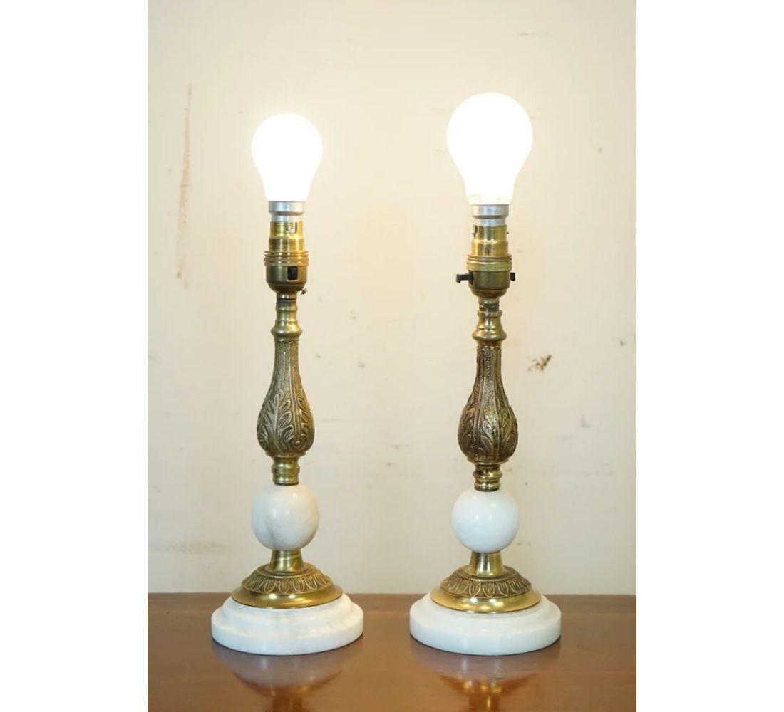 British Pair of Vintage White Marble and Brass Table Lamps