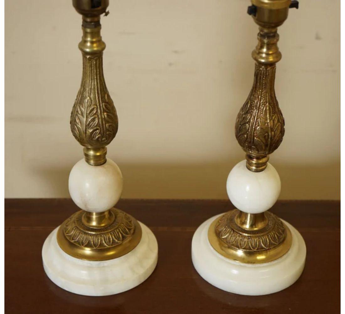 Hand-Crafted Pair of Vintage White Marble and Brass Table Lamps