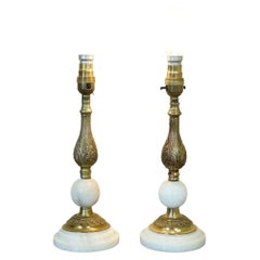 Pair of Vintage White Marble and Brass Table Lamps