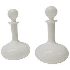 Pair of Vintage White Milk Glass Wine Decanters with Stoppers