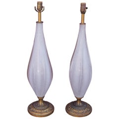 Paire de lampes de bureau vintage en verre de Murano blanc