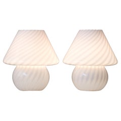 Pair of Vintage White Murano Swirl Mushroom Glass Table Lamps, Italy, 1970s