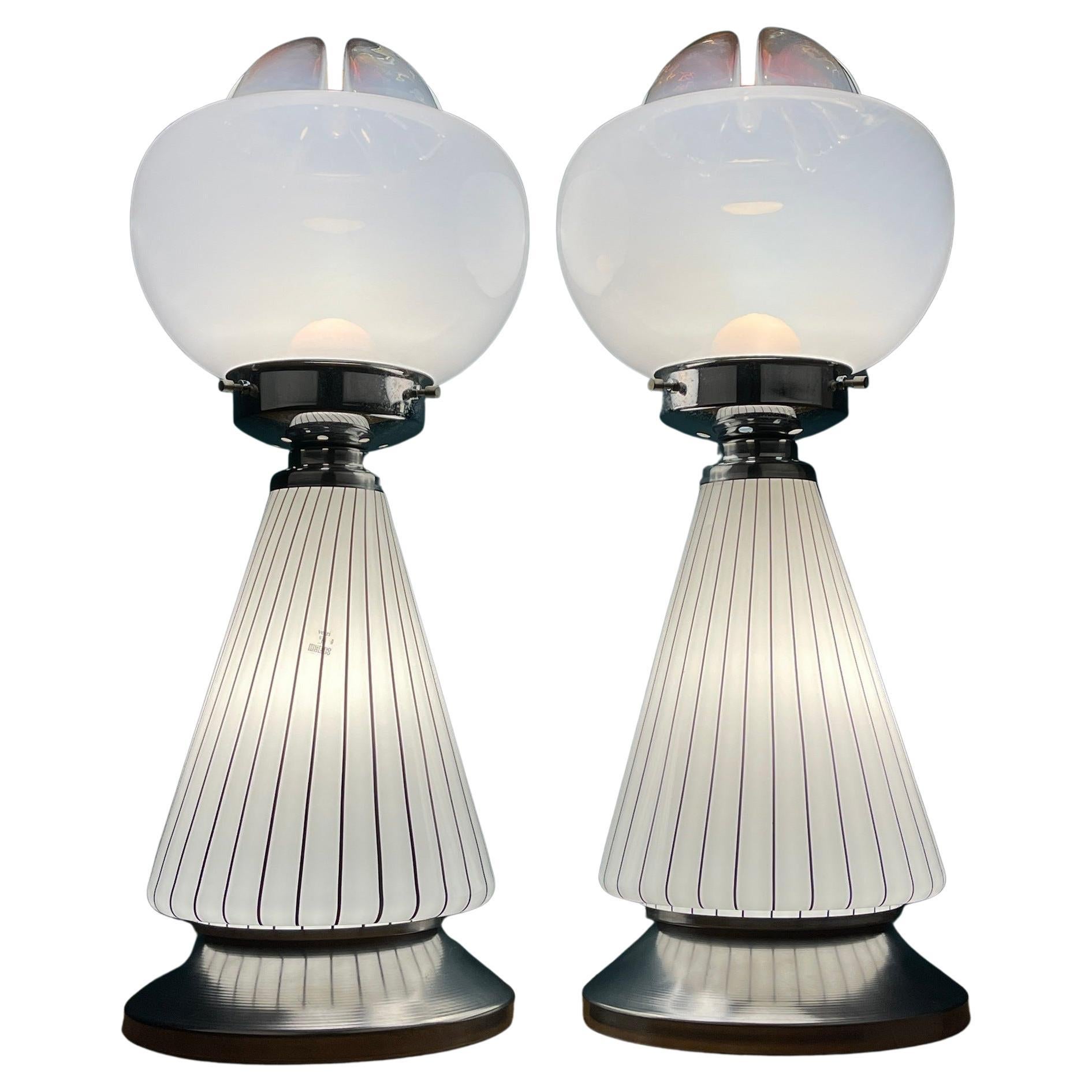 Pair of Vintage White Murano Table Lamps Vetri Murano 004, Italy, 1970s