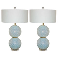 Pareja de lámparas vintage de bola de cristal de Murano opalino blanco