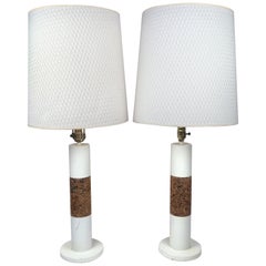 Pair of Vintage White Table Lamps with Cork Accents