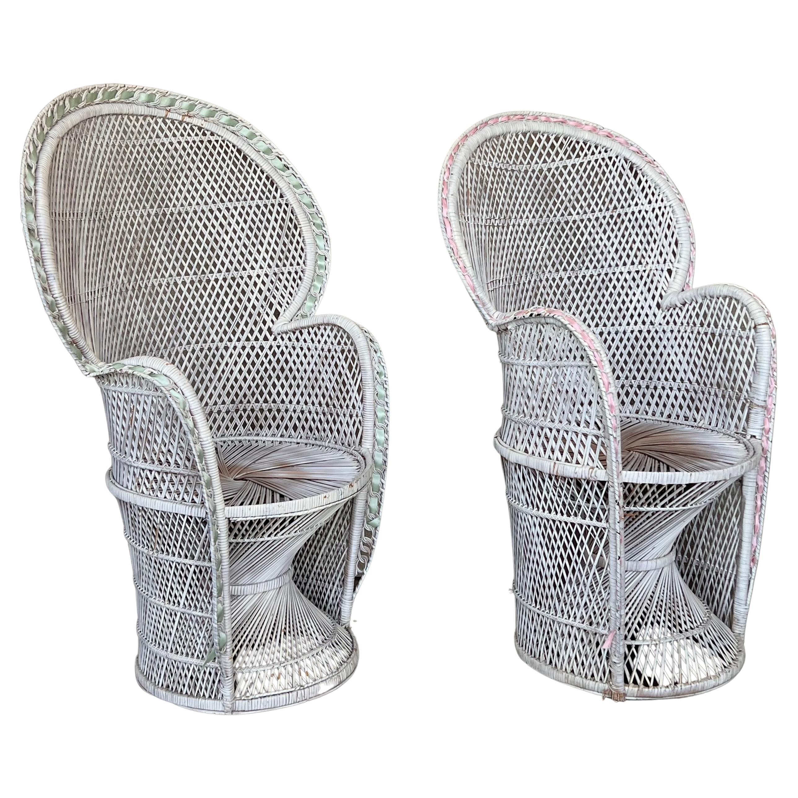 Pair of Vintage White Wicker Peacock Chair in the Emmanuelle Style