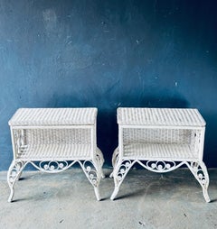Pair of Vintage White Wicker Side Tables/Nightstands with Scrolled Rattan Bases