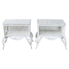 Pair of Vintage White Wicker Side Tables/Nightstands with Scrolled Rattan Bases