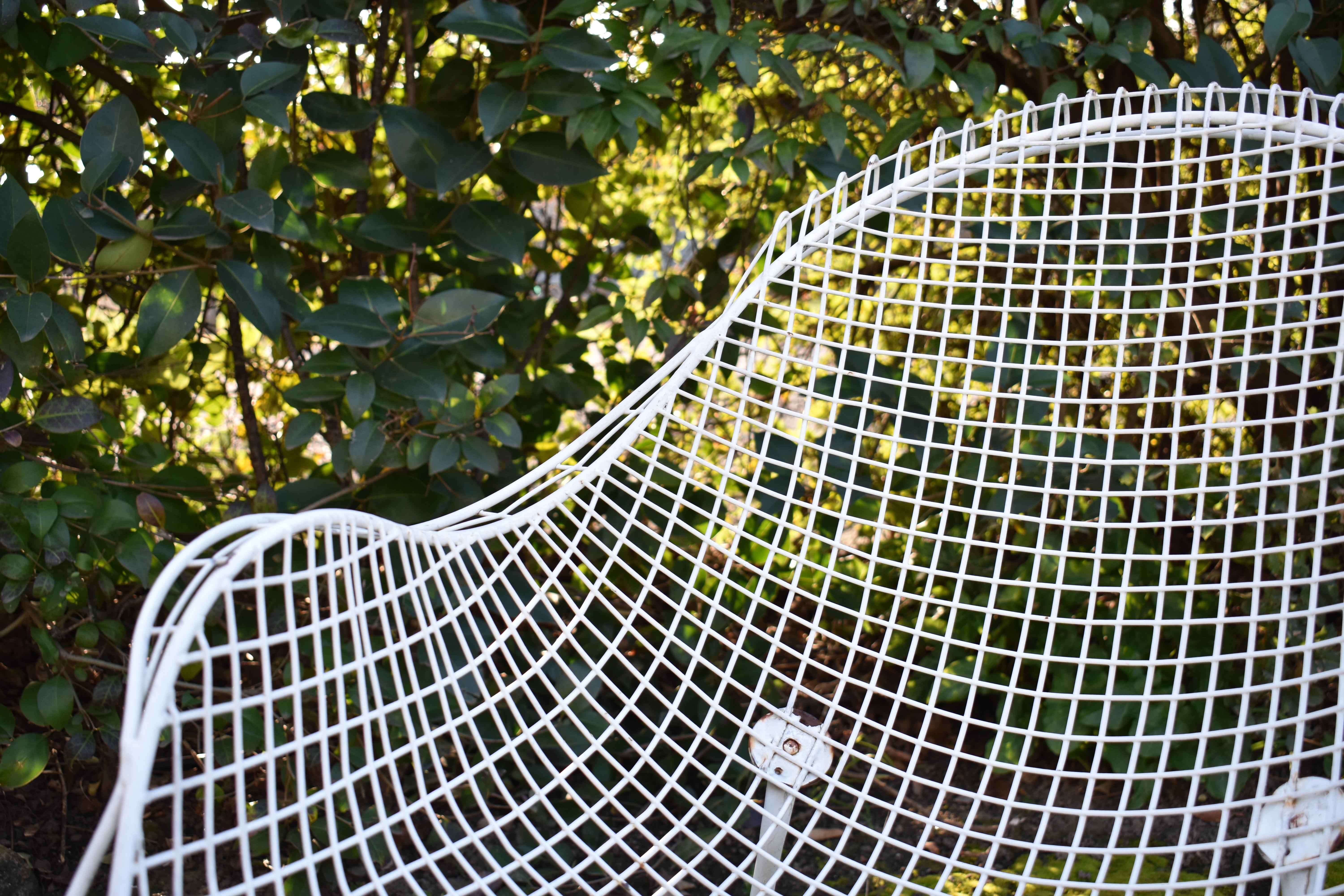 French Pair of Vintage White Wire Mesh Garden Chairs, France c. 1960s