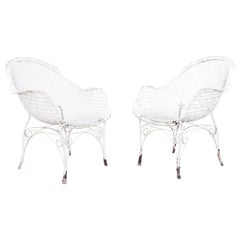 Pair of Vintage White Wire Mesh Garden Chairs, France, circa 1960s