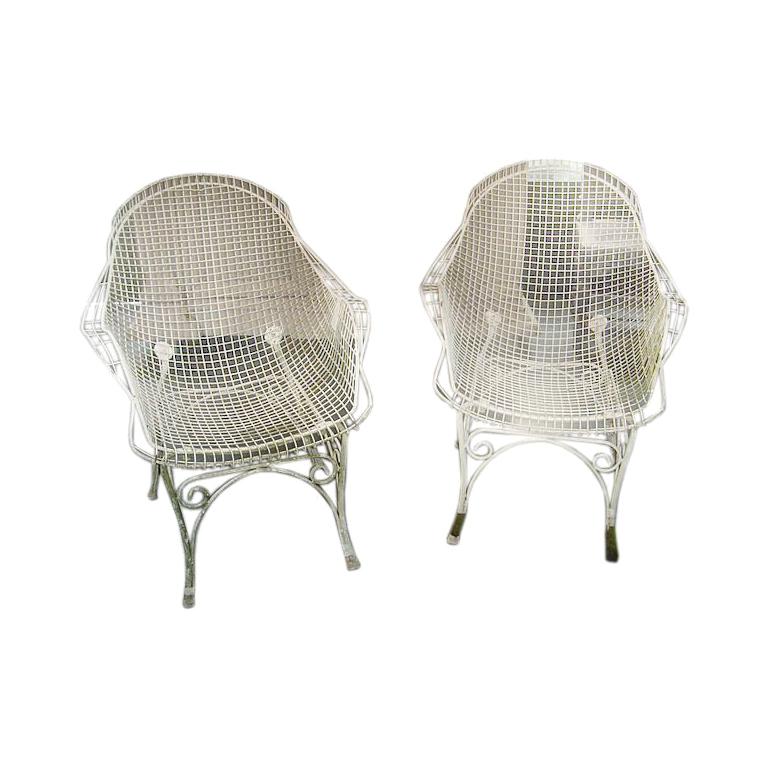 Pair of Vintage White Wire Mesh Garden Chairs, France c. 1960s
