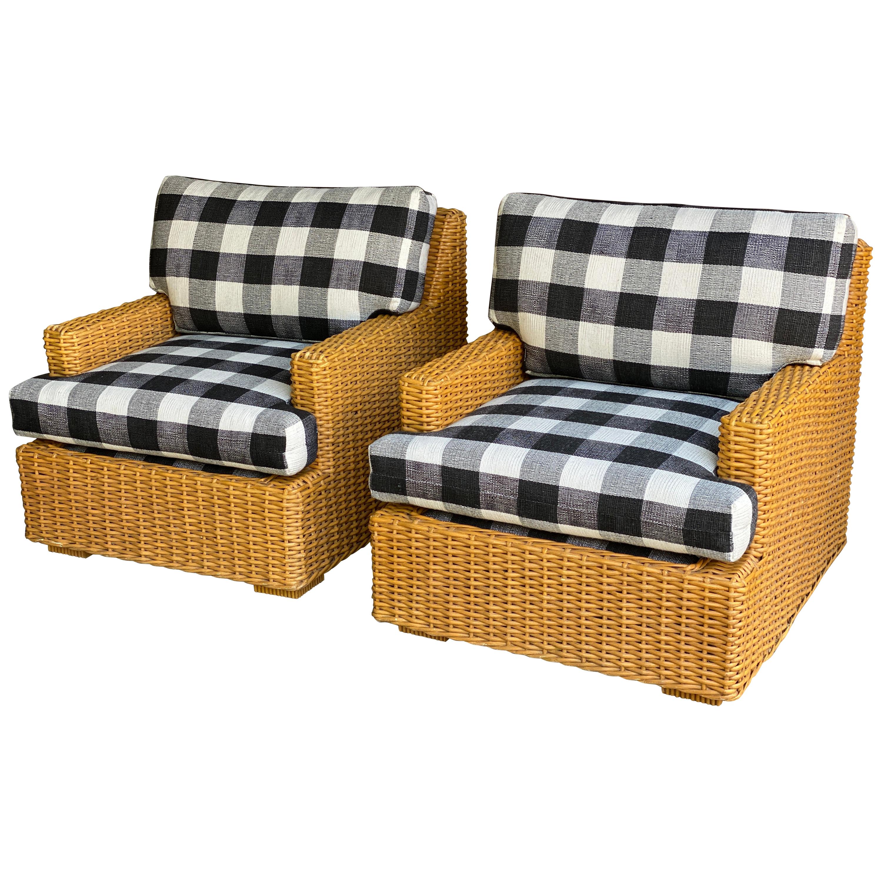 Pair of Vintage Wicker Lounge Chairs, Newly Upholstered