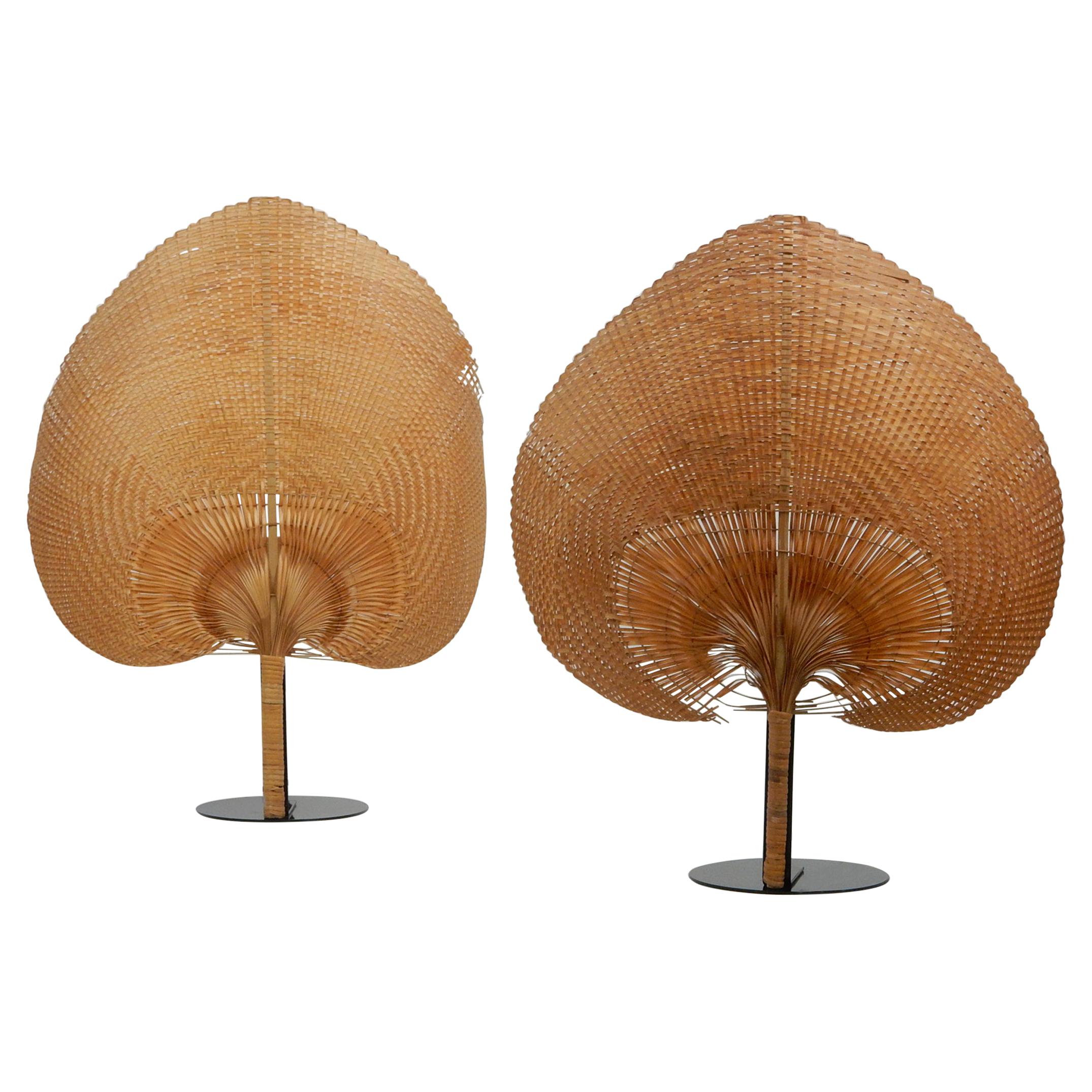 Pair of Vintage Wicker Uchiwa Fan Table Lamps