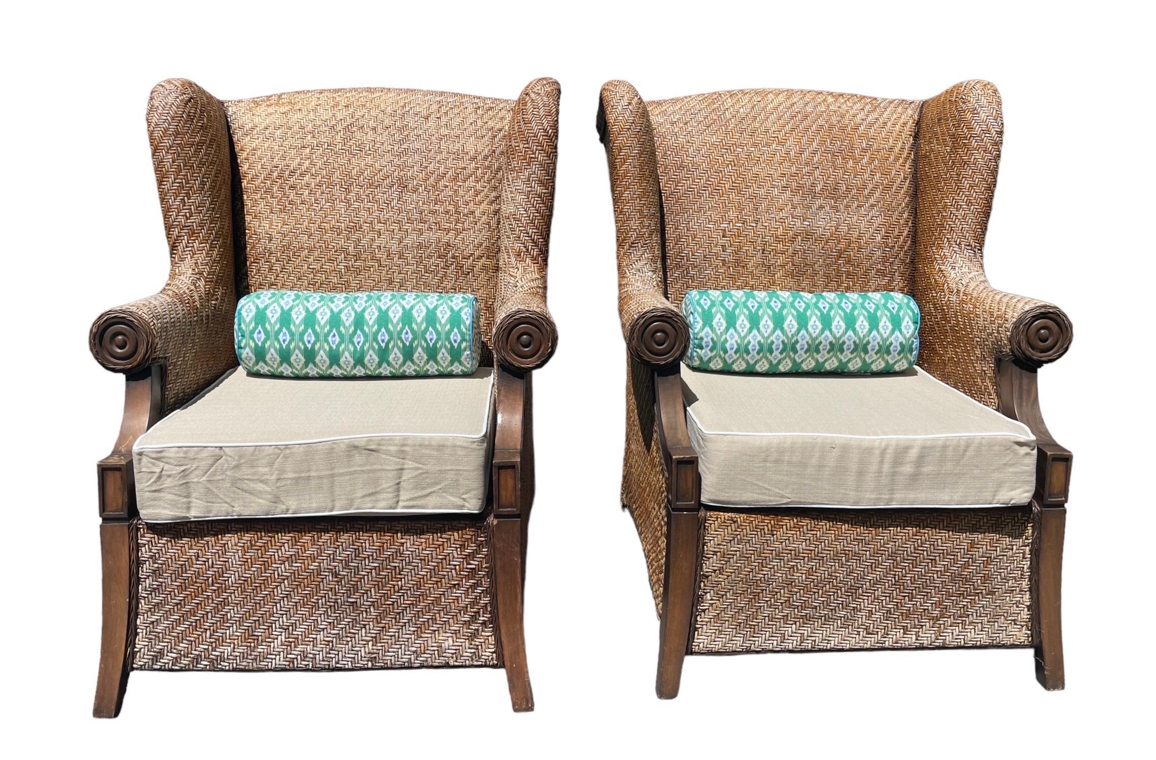 Pair of Vintage Wicker Wingback Armchairs Rattan Armchairs Palm Beach Style Pair 4