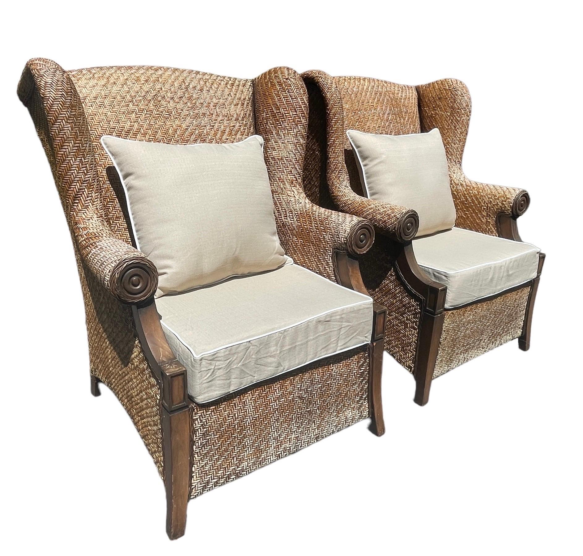 Country Pair of Vintage Wicker Wingback Armchairs Rattan Armchairs Palm Beach Style Pair