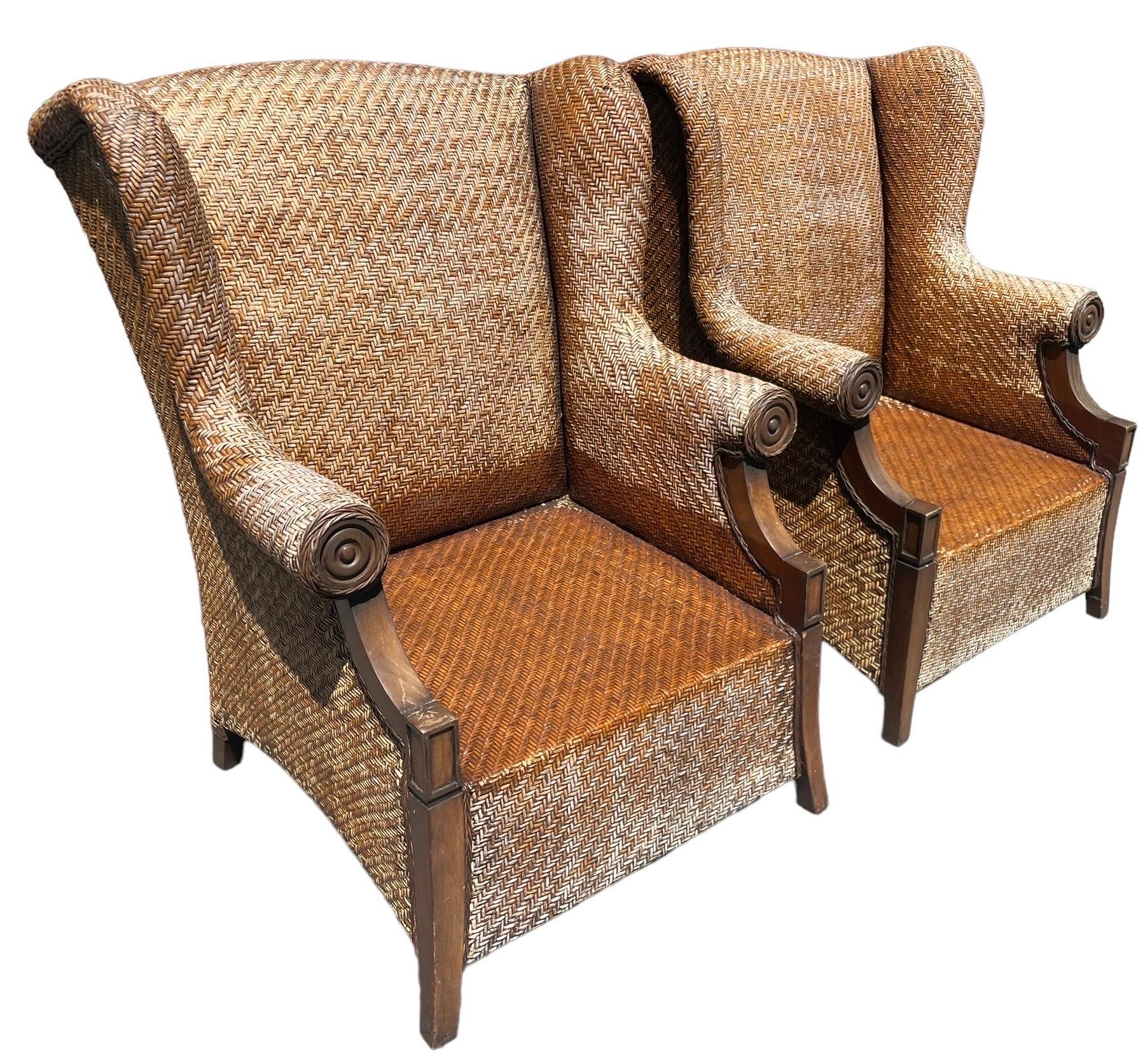 Pair of Vintage Wicker Wingback Armchairs Rattan Armchairs Palm Beach Style Pair In Good Condition In Rochester, NY