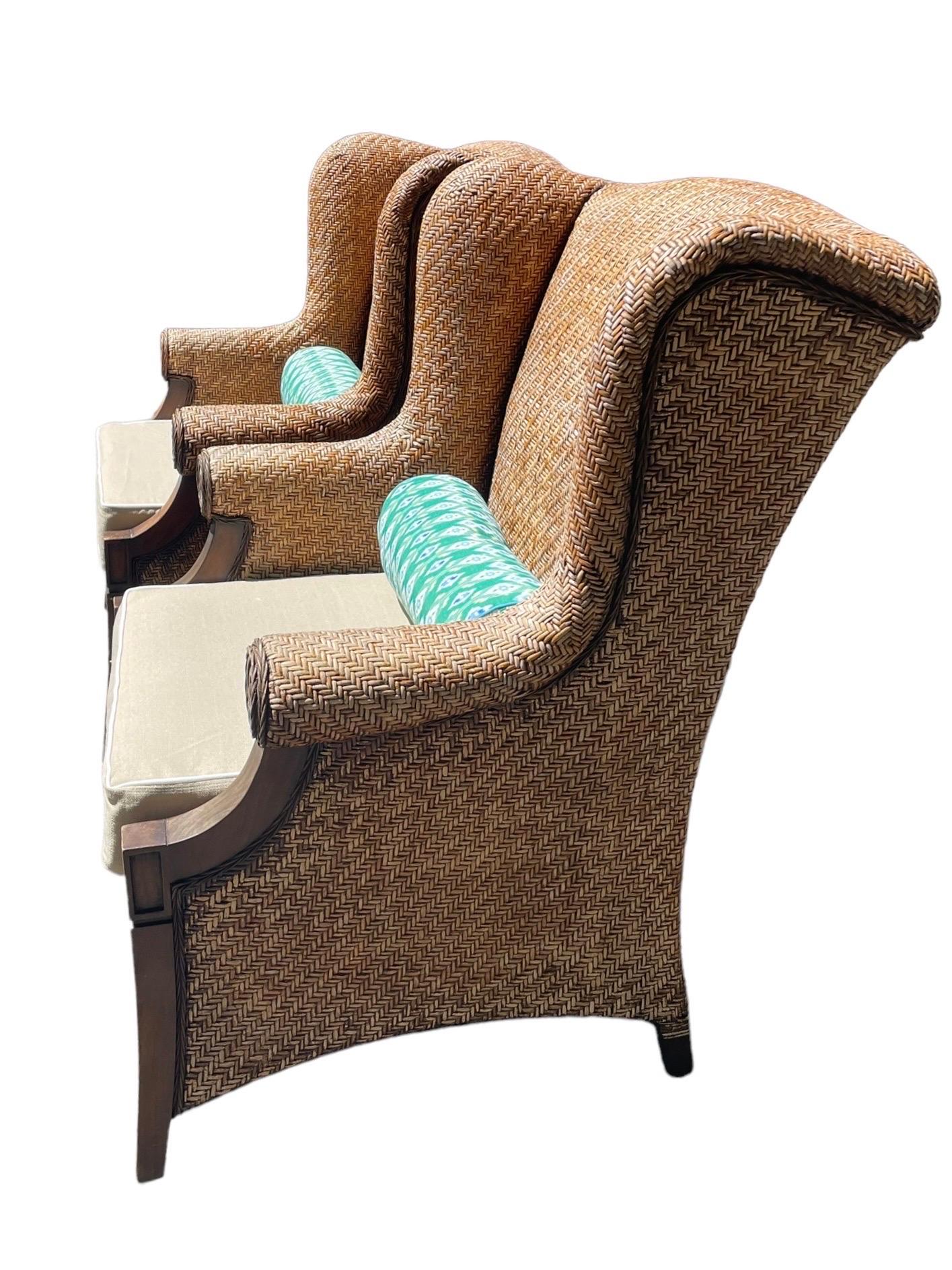 20th Century Pair of Vintage Wicker Wingback Armchairs Rattan Armchairs Palm Beach Style Pair